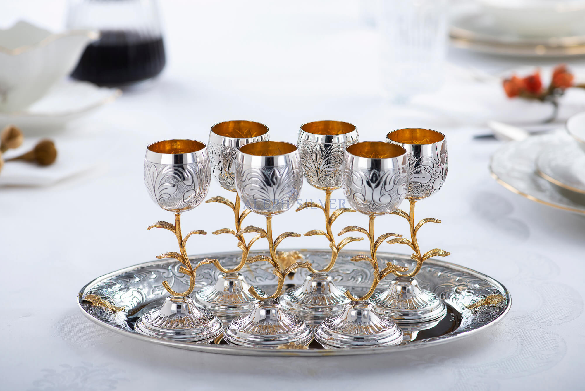 Elegant 925 Sterling Silver Kiddush Set with Six Liqueur Goblets 