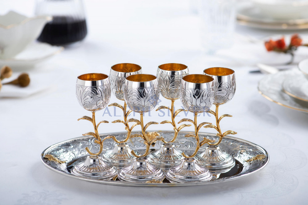 Elegant 925 Sterling Silver Kiddush Set with Six Liqueur Goblets 