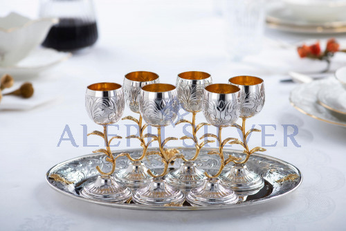 Elegant 925 Sterling Silver Kiddush Set with Six Liqueur Goblets 