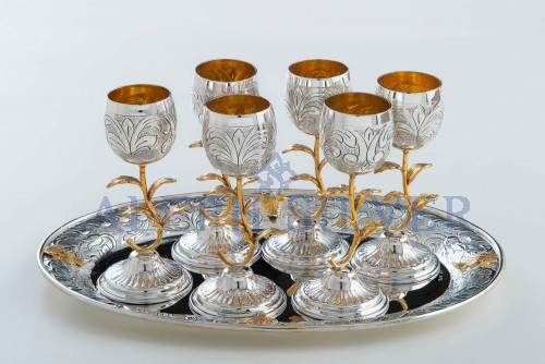 Elegant 925 Sterling Silver Kiddush Set with Six Liqueur Goblets 
