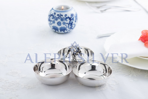  925 Sterling Silver Three Bowl Server with Decorative Grape-Themed Handle
