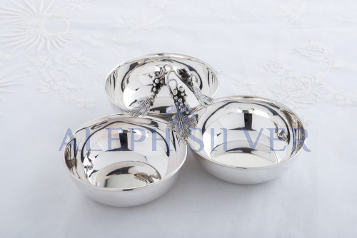 925 Sterling Silver Three Bowl Server with Decorative Grape-Themed Handle