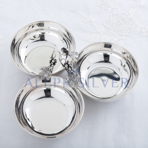  925 Sterling Silver Three Bowl Server with Decorative Grape-Themed Handle