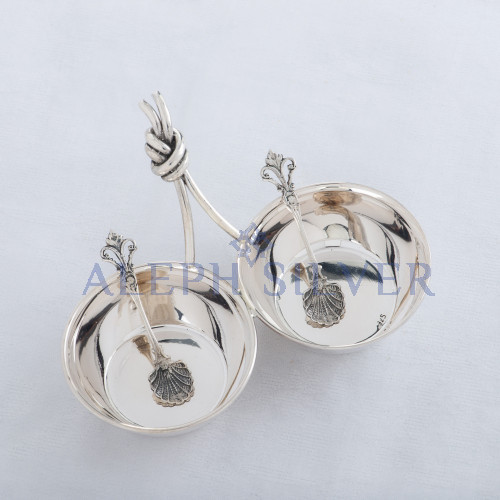 925 Sterling Silver Table Salt and Pepper with Knotted Handle and Two Highly Decorative Sea Shell-Shaped Serving Spoons